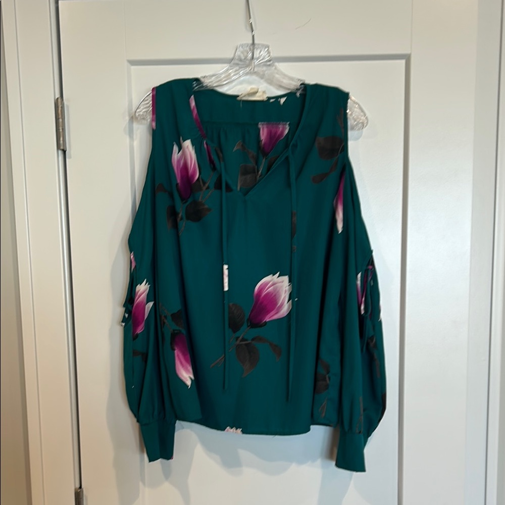 Floral Cold Shoulder Top - Teal and Pink